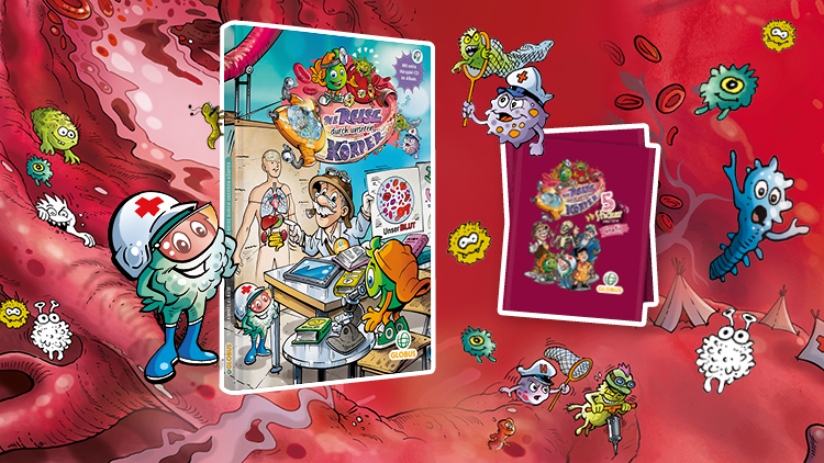 Rote Hintergrundgrafik mit Globini, Professor Globus, PAYBACK Pointee und Comic-Figuren in einem Körper, GLOBUS und Heft sichtbar.