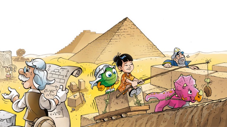 Ein Pharao, Professor Globus, Globini, ein Dinosaurier und weitere Figuren arbeiten vor Pyramiden mit Steinen und Schriftrollen.