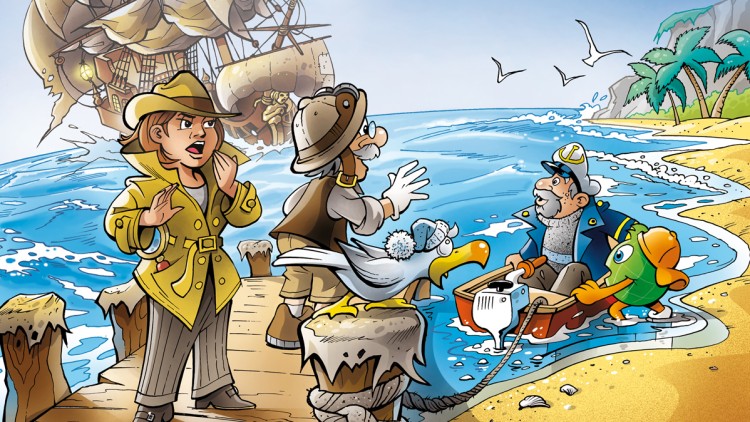 Mehrere cartoonartige Figuren am Strand, darunter Globini, eine Möwe mit Mütze und ein Mann in Boot neben einem Piratenschiff.
