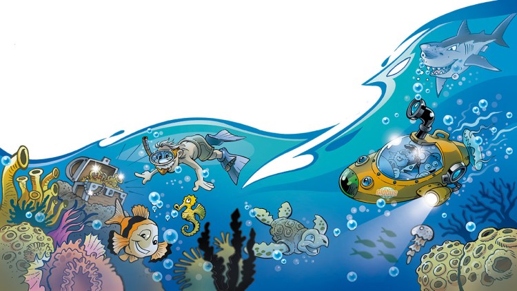 Taucher, bunte Meerestiere, Schatztruhe, Korallen, ein GLOBUS U-Boot und ein Hai schwimmen in einer Unterwasserlandschaft.