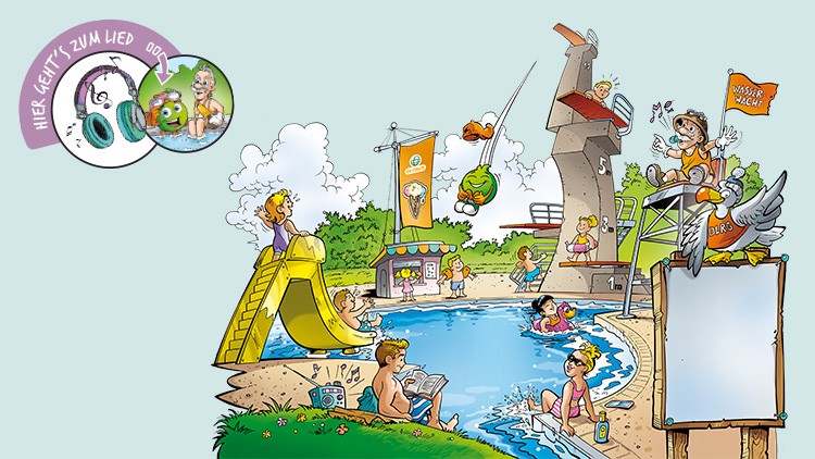 Ein Schwimmbad mit Rutsche, Turm, Globini am Seil, Badegästen und einem Schild mit der Aufschrift „Wasser Marsch“.