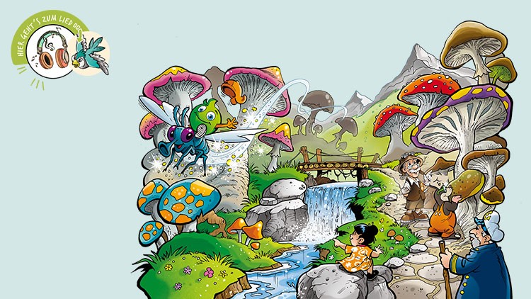 Eine bunte Märchenlandschaft mit übergroßen Pilzen, Figuren am Fluss und einer fliegenden Kreatur, oben Text: \