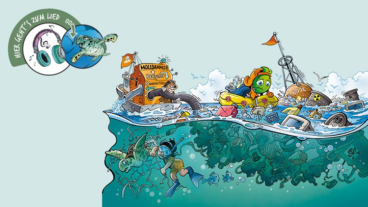 Globini sitzt in einem Schlauchboot auf verschmutztem Wasser, darunter schwimmen Meerestiere zwischen Müll und Abfall.