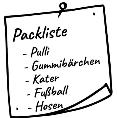 Eine handgezeichnete Packliste mit den Punkten: Pulli, Gummibärchen, Kater, Fußball, Hosen.
