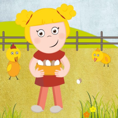 Ein gezeichnetes Kind mit blonden Zöpfen hält einen Korb mit Eiern, im Hintergrund stehen eine Wiese, ein Zaun und zwei Hühner.