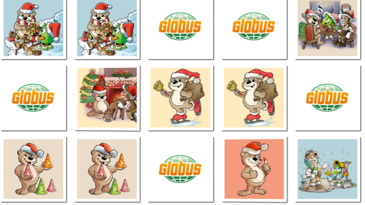 Eine Weihnachtscollage mit Globini, Professor Globus und GLOBUS-Logos, die Geschenke, Winterspaß und festliche Szenen zeigen.