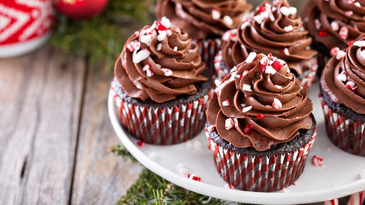 Schokoladen-Cupcakes mit Schokoladencreme und rot-weißen Zuckerstreuseln auf einem weißen Teller, dekoriert mit Tannenzweigen.