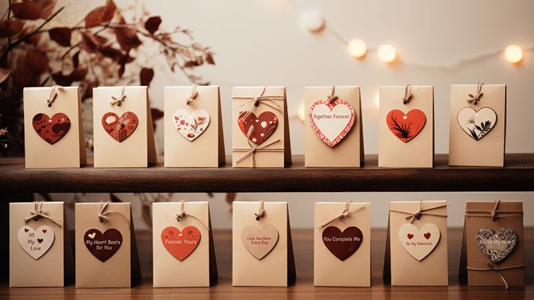 Elf stehende Papiertüten mit roten und herzförmigen Anhängern, teilweise beschriftet, auf zwei Holzregalen vor Dekoration.