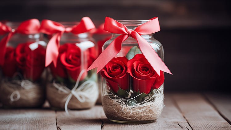 Drei Gläser mit roten Rosen, dekoriert mit rotem Band und Naturmaterialien, stehen auf einem Holztisch.