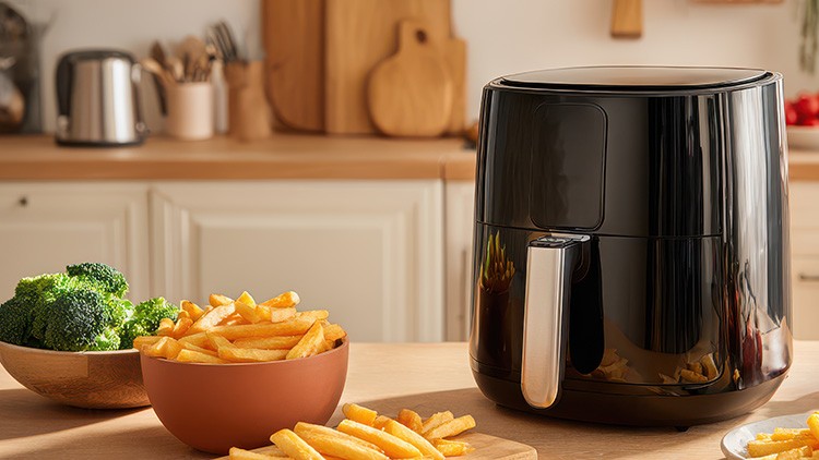 Eine schwarze Heißluftfritteuse steht auf einer Küchenarbeitsplatte neben einer Schale mit Pommes frites und einer Schale mit Brokkoli.