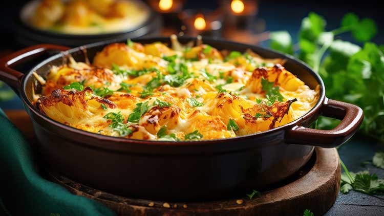 Überbackene Kartoffelhälften mit geschmolzenem Käse und Kräutern in einer braunen Auflaufform auf Holzunterlage.