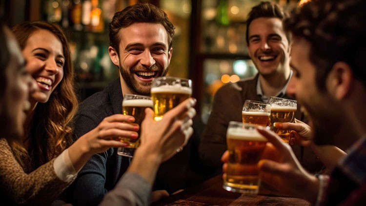 Mehrere Personen sitzen an einem Tisch und stoßen mit Biergläsern an, im Hintergrund sind weitere Gäste und eine Bar zu sehen.