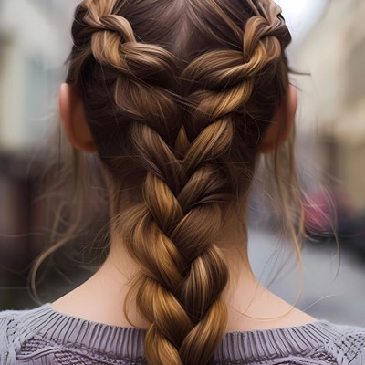 Braune Haare sind zu einem geflochtenen Zopf gestylt, der von oben nach unten verläuft, Hintergrund verschwommen.