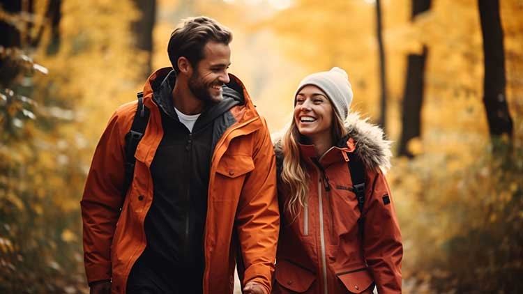 Zwei Personen in orangefarbener Outdoor-Kleidung gehen lächelnd durch einen herbstlichen Wald mit gelbem Laub.