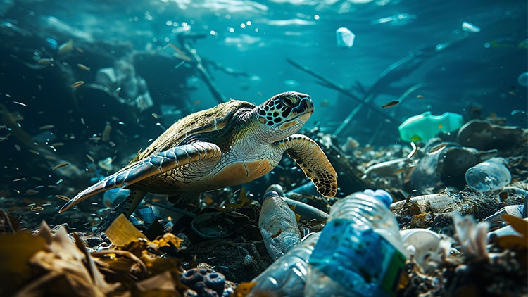 Eine Meeresschildkröte schwimmt zwischen Plastikteilen, Flaschen und Abfällen im trüben Wasser.