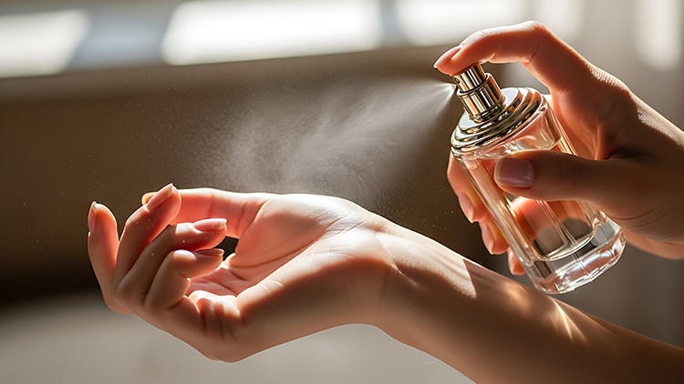 Eine Hand sprüht transparenten Duft aus einer klaren Glasflasche auf das Handgelenk, im Hintergrund weiches Licht.