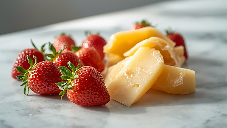 Erdbeeren mit grünem Blatt neben gelben Käsehäppchen auf einer Marmorunterlage.