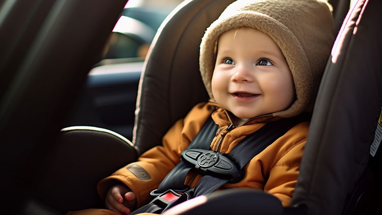 Kind in brauner Winterkleidung mit Kapuze sitzt lächelnd in einem Kindersitz im Auto.