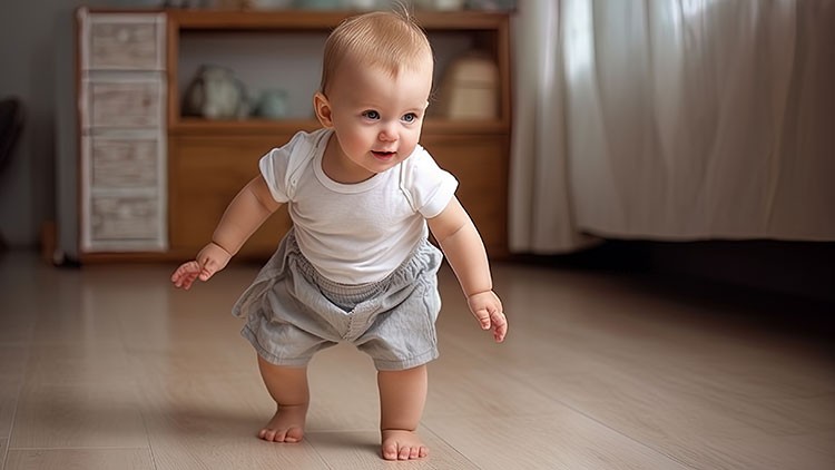 Ein kleines Kind in weißem Oberteil und grauen Shorts steht auf einem hellen Holzboden in einem Raum mit Möbeln und Vorhängen.