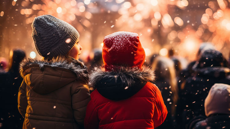 Menschen stehen draußen bei Schnee und betrachten Feuerwerk am Nachthimmel, zwei Personen tragen warme Kleidung mit Mützen.