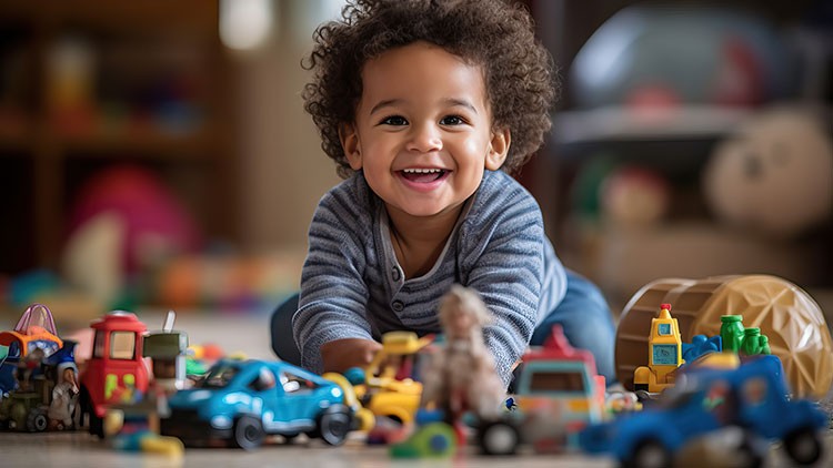 Kind in gestreiftem Pullover liegt lächelnd auf einer Spielfläche mit bunten Spielzeugautos und Figuren im Vordergrund.