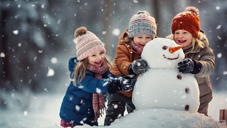 Drei Kinder bauen einen Schneemann mit Karottennase und Kohlenaugen, während Schneeflocken fallen.