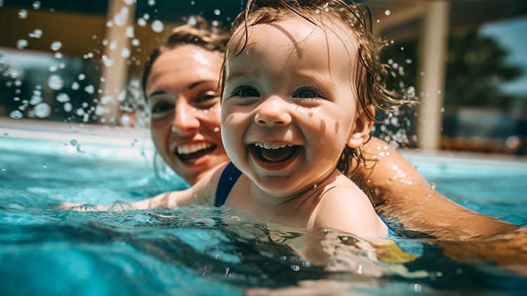 Kleinkind mit nassen Haaren lächelt im Wasser, im Hintergrund eine Person und unscharfe Gebäudestrukturen.