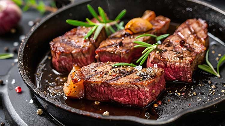 Vier gebratene Rindersteak-Stücke mit Gewürzen, Knoblauch und Rosmarinzweigen in einer gusseisernen Pfanne.
