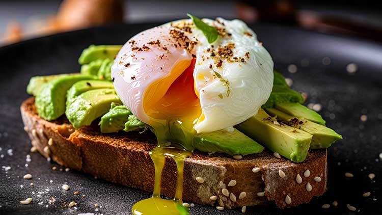 Geröstete Brotscheibe mit Avocadoscheiben und einem pochierten Ei, dessen Eigelb ausläuft, garniert mit Gewürzen und Sesam.