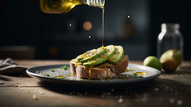 Eine Scheibe Brot mit Avocado auf einem Teller, darauf wird aus einer Flasche Öl gegossen, im Hintergrund Limetten und ein Glas.