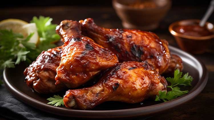 Gebratene Hähnchenschenkel mit glänzender Marinade liegen auf einem Teller, dekoriert mit frischen Kräutern und Zitrone.