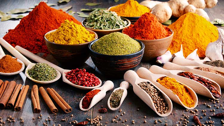 Verschiedene Gewürze wie Kurkuma, Paprika, Pfeffer und Kräuter in Schalen und Holzlöffeln auf einem Tisch arrangiert.