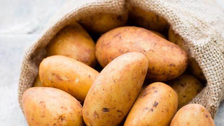 Mehrere gelbbraune Kartoffeln liegen teils in, teils vor einem offenen Jutesack auf einer hellen, strukturierten Oberfläche.