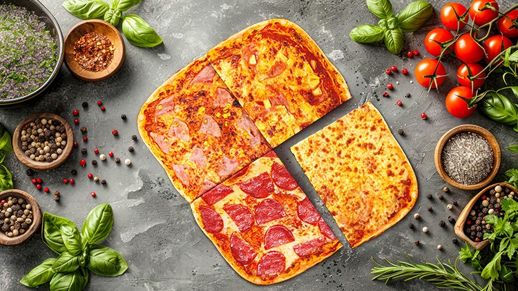 Vier Pizzastücke mit verschiedenen Belägen liegen auf grauem Untergrund, umgeben von Gewürzen, Basilikum und frischen Tomaten.