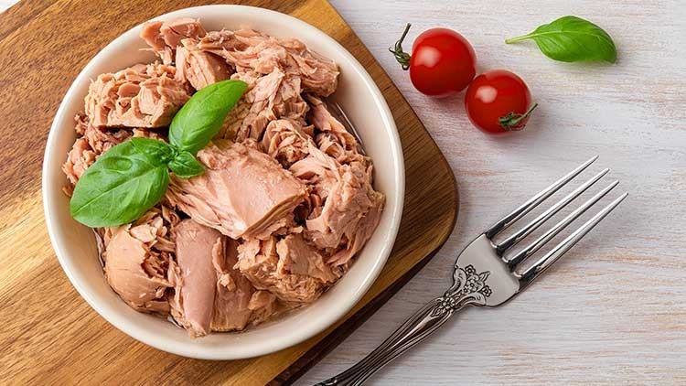Schale mit zerkleinertem Thunfisch und Basilikumblättern, daneben eine Gabel, zwei Kirschtomaten und ein Basilikumblatt.