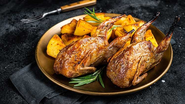 Gebratene Wachteln mit goldbraunen Kartoffelstücken und Rosmarinzweigen auf einem dunklen Teller, daneben eine Gabel.