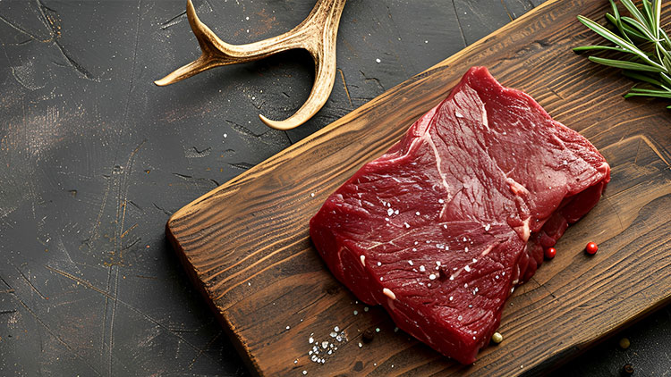 Rohes Steak mit grobem Salz und roten Pfefferkörnern auf einem Holzbrett, daneben ein Hirschgeweih und Rosmarin.