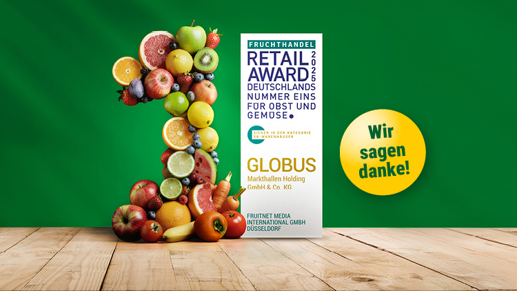 Einzelne Früchte formen die Zahl 1, daneben grüner Kreis mit Text „Wir sagen danke!“ und Retail Award 2025 für GLOBUS.