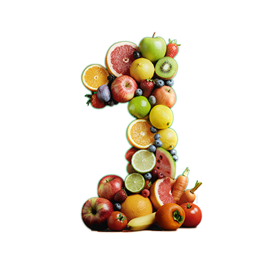 Die Zahl eins aus verschiedenem buntem Obst und Gemüse wie Äpfeln, Orangen, Zitronen, Tomaten und Weintrauben auf grünem Hintergrund.
