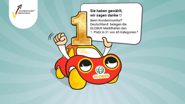 Das rote Auto-Comicmaskottchen mit GLOBUS-Logo hält eine goldene Eins und eine Sprechblase mit dankendem Text.