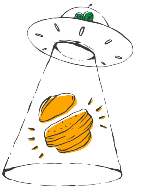 Ein UFO mit Globini-Augenstrahlt orangefarbene Burgerhälften in einem Lichtkegel nach oben.