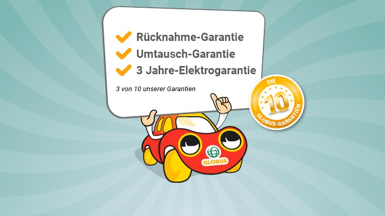 Ein rotes Auto mit GLOBUS-Logo zeigt auf ein Schild mit Garantien und einem Siegel für die 10 Globus-Garantien.