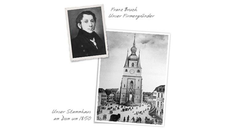 Auf dem Bild sind ein altes Porträt und eine Zeichnung eines Gebäudes mit den Texten „Franz Bruch Unser Firmengründer“ und „Unser Stammhaus am Dom um 1850“.