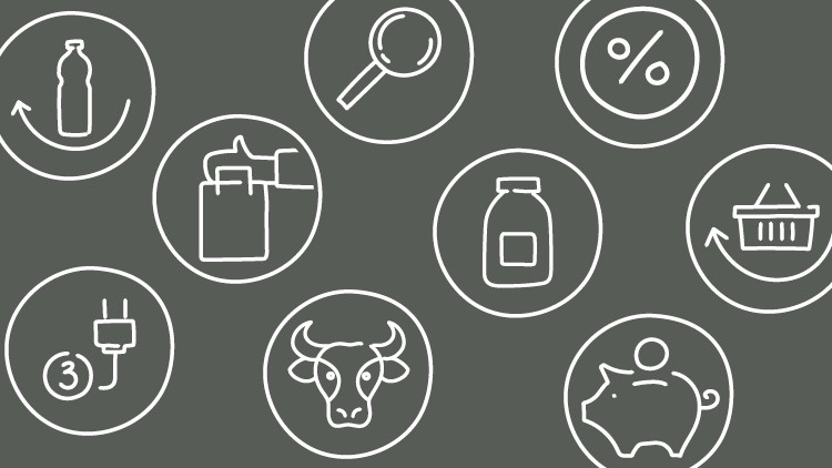 Weiße Symbole wie Flasche, Lupe, Prozentsymbol, Tragetaschen, Milchglas, Steckdose, Kuhkopf, Sparschwein und Einkaufskorb auf grauem Hintergrund.