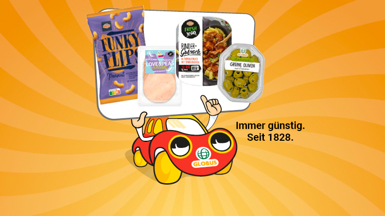 Gelbes Maskottchen-Auto mit GLOBUS-Logo, zeigt auf Produkte: Funky Flips, Aufschnitt, Rindergulasch, grüne Oliven, Text „Immer günstig. Seit 1828.“