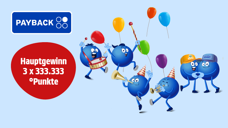 PAYBACK Pointees feiern mit Ballons, Instrumenten und Partyhüten, Text: „Hauptgewinn 3 x 333.333 °Punkte“ auf rotem Kreis.