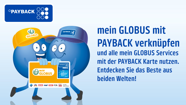 Zwei PAYBACK Pointees halten eine mein GLOBUS PAYBACK Karte, daneben der Text „mein GLOBUS mit PAYBACK verknüpfen“.