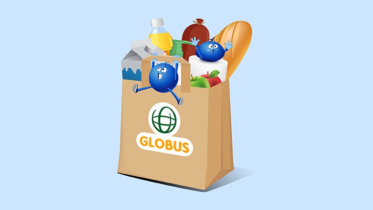 Eine braune Tüte mit GLOBUS-Logo, gefüllt mit Lebensmitteln und Haushaltsartikeln, zwei PAYBACK Pointees schauen fröhlich heraus.