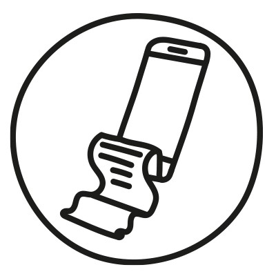 Schwarze Strichzeichnung eines Smartphones, auf dem ein Kassenbon herausragt, in einem Kreis auf weißem Hintergrund.
