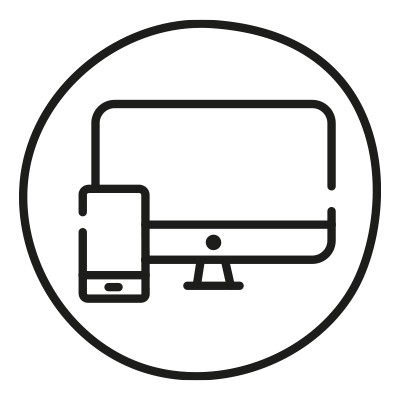 Ein schwarzes Icon zeigt einen Desktop-PC und ein Smartphone im Querformat in einem Kreis.